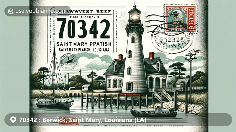 Modern illustration of Berwick, Saint Mary Parish, Louisiana, showcasing postal theme with ZIP code 70342, featuring Southwest Reef Lighthouse, seafood industry, historic trees, and Berwick Heritage Museum.