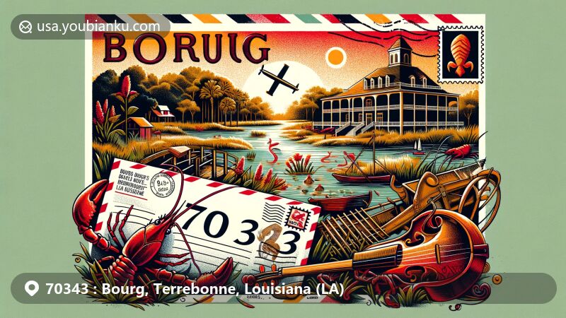 Modern illustration of Bourg, Louisiana, showcasing postal theme with ZIP code 70343, featuring Pointe-Aux-Chenes Wildlife Management Area, Southdown Plantation, and Cajun cultural elements.