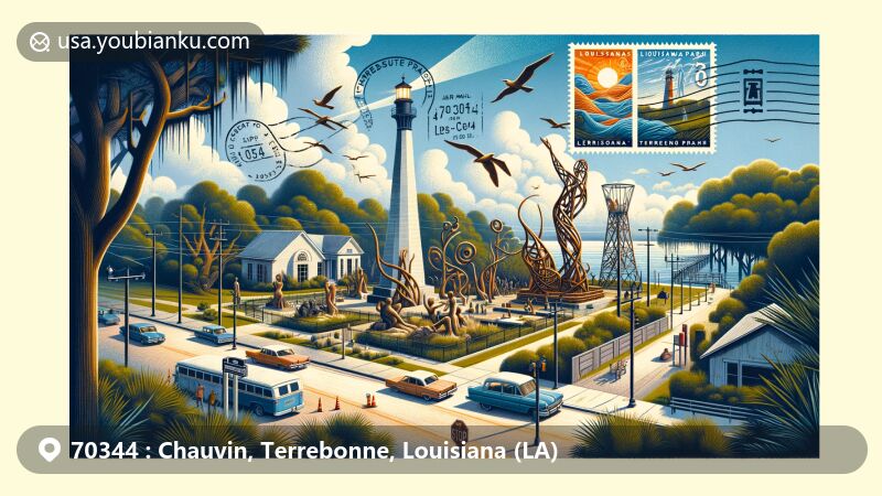 Modern illustration of Chauvin, Terrebonne Parish, Louisiana, featuring Chauvin Sculpture Garden with iconic brick lighthouse, swampy landscapes, vibrant community life, and postal elements like vintage postcard frame, airmail envelope edges, stamps with sculptures and Louisiana wildlife, dated postmark, and prominent ZIP code '70344'.