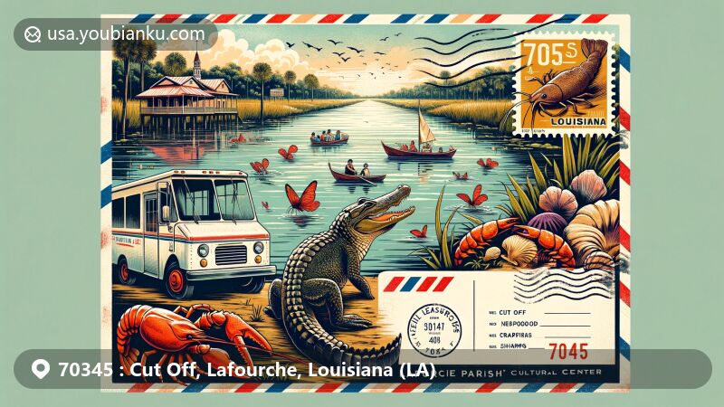 Captivating illustration of Cut Off, Louisiana, showcasing Bayou Lafourche, seafood, alligator, and postal elements with ZIP code 70345.