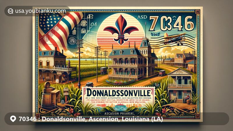 Modern illustration of Donaldsonville, Ascension Parish, Louisiana, featuring ZIP code 70346, with vibrant and eye-catching style, ideal for webpage showcase.
