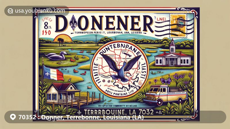Modern illustration of Donner, Terrebonne Parish, Louisiana, emphasizing postal theme with ZIP code 70352, featuring vintage-style postcard and iconic southeastern Louisiana landscapes and wildlife.