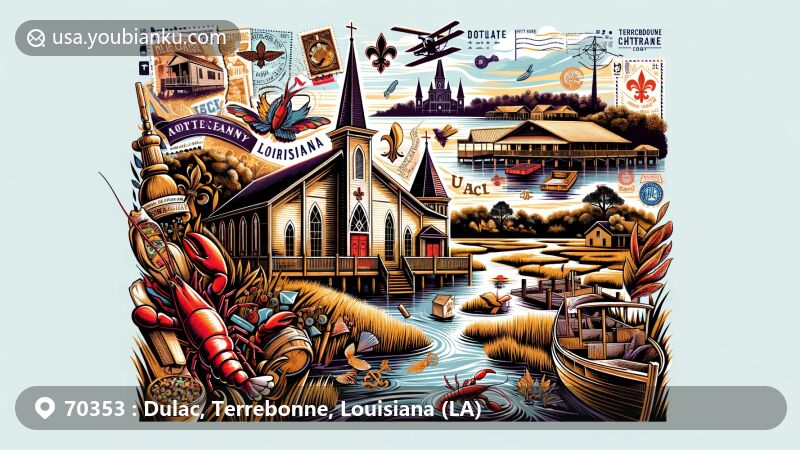 Modern illustration of Dulac area, Terrebonne Parish, Louisiana, featuring Holy Family Catholic Church post-Hurricane Ida, waterways, and Cajun heritage, with ZIP code 70353.