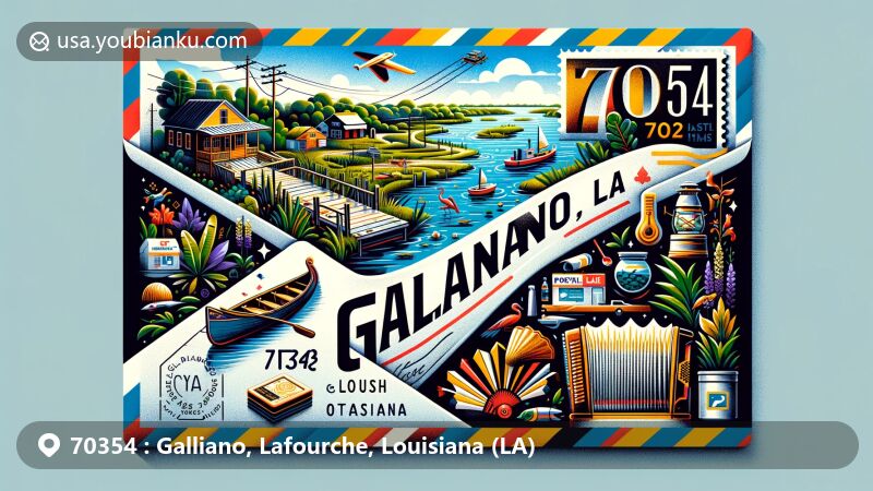 Modern illustration of Galliano, Lafourche Parish, Louisiana, featuring ZIP code 70354, showcasing Bayou Lafourche, lush vegetation, fishing boat, and Cajun cultural elements.
