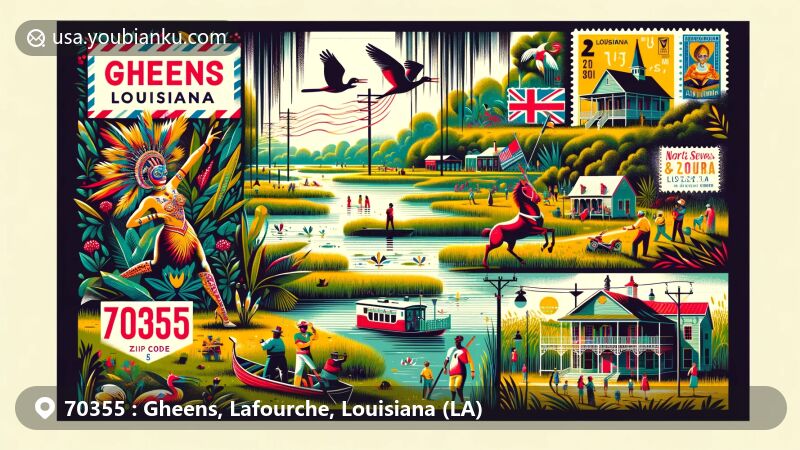 Vibrant illustration of Gheens area, Lafourche Parish, Louisiana, showcasing rural community charm with swamps, bayous, and Mardi Gras chase, featuring Louisiana state symbols and vintage postal elements.