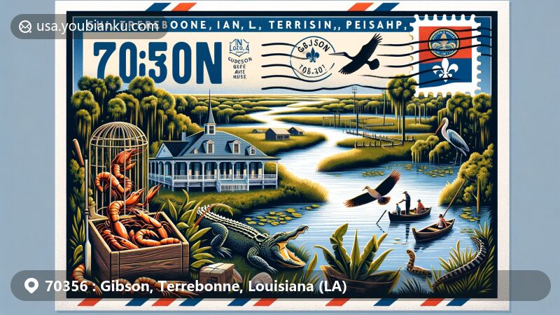 Modern illustration of ZIP code 70356 for Gibson, Terrebonne Parish, Louisiana, featuring state symbols, local wildlife, Mandalay National Wildlife Refuge, Southdown Plantation, and postal elements.