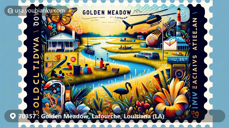 Modern illustration of Golden Meadow, Lafourche County, Louisiana, highlighting the unique charm of Bayou Lafourche and the town's connection to waterways and seafood industries.