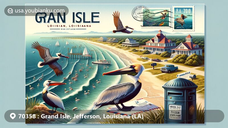 Modern illustration of Grand Isle, Jefferson County, Louisiana, showcasing the beautiful scenery and postal theme with ZIP code 70358, featuring local wildlife and marine life.