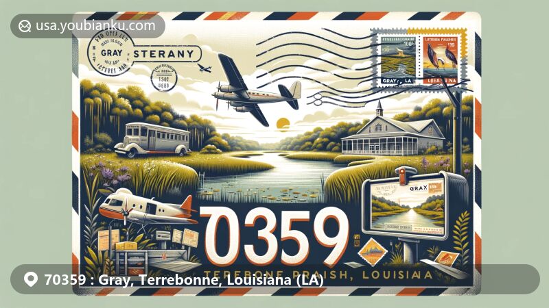 Modern illustration of Gray, Terrebonne Parish, Louisiana, capturing the essence of lush wetlands and Cajun culture with vintage postal elements and a nod to local hospitality and tourism.
