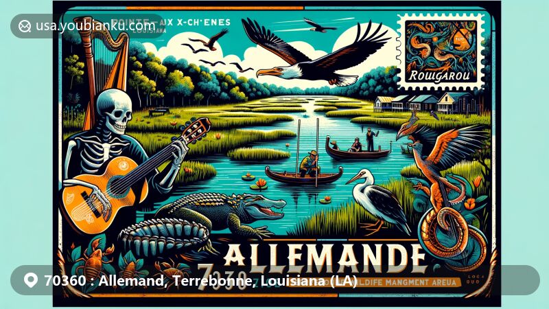 Modern illustration showcasing ZIP code 70360 in Allemand, Terrebonne Parish, Louisiana, featuring Pointe-Aux-Chenes Wildlife Management Area wildlife, Cajun culture hints, and vintage-style postage stamp with crawfish emblem.