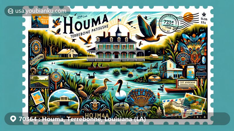 Modern illustration of Houma, Terrebonne Parish, Louisiana, featuring Bayou Terrebonne Waterlife Museum, Southdown Plantation & Museum, and Mandalay National Wildlife Refuge, with a postal theme highlighting ZIP code 70364.