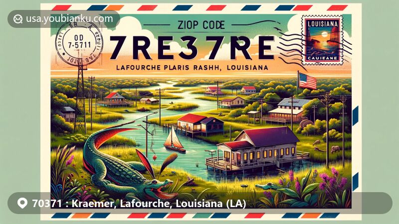 Modern illustration of Kraemer, Lafourche Parish, Louisiana, showcasing postal theme with ZIP code 70371, featuring vibrant bayou landscape, lush vegetation, waterways, Cajun boat, fishing net, alligator, and Louisiana state flag stamp.