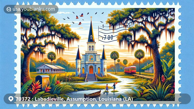 Modern illustration of Labadieville, Assumption Parish, Louisiana, featuring St. Philomena Catholic Church, Bayou Lafourche, sugar cane fields, live oak trees, and vintage airmail theme with ZIP code 70372.