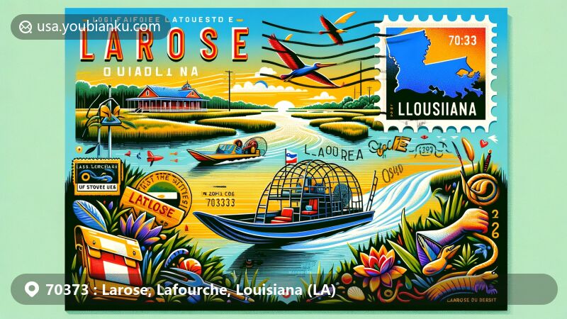 Modern illustration of Larose, Lafourche County, Louisiana, showcasing postal theme with ZIP code 70373, featuring Bayou Lafourche, Gulf Intracoastal Waterway, Cajun culture, airboat, fishing industry, and Larose's geography.