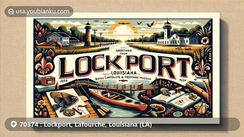 Modern illustration of Lockport, Lafourche County, Louisiana, featuring Bayou Lafourche, old locks, and Bayou Lafourche Folklife & Heritage Museum.