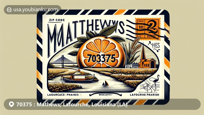 Modern illustration of Mathews, Lafourche Parish, Louisiana, featuring postal theme with Bayou Lafourche, Cajun culture symbols, map outline, and text 'Mathews, LA 70375'.