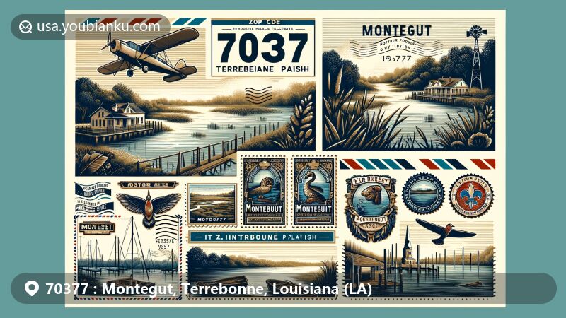 Modern illustration of Montegut, Louisiana, featuring the scenic beauty and cultural essence of the town, with a prominent display of ZIP code 70377.
