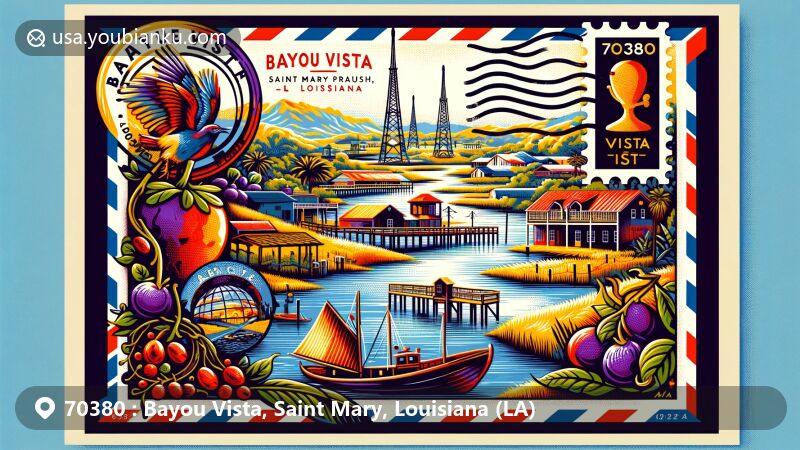 Modern illustration of Bayou Vista, Saint Mary Parish, Louisiana, highlighting Bayou Teche and agricultural heritage of Morgan City, featuring Youngberry hybrid berry, vintage postal stamp with ZIP code 70380.