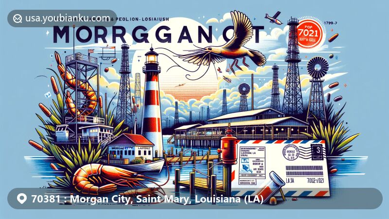 Vibrant illustration of Morgan City, Saint Mary Parish, Louisiana, highlighting shrimp and petroleum industries, Southwest Reef Light, Lake Palourde, and Louisiana Shrimp & Petroleum Festival.