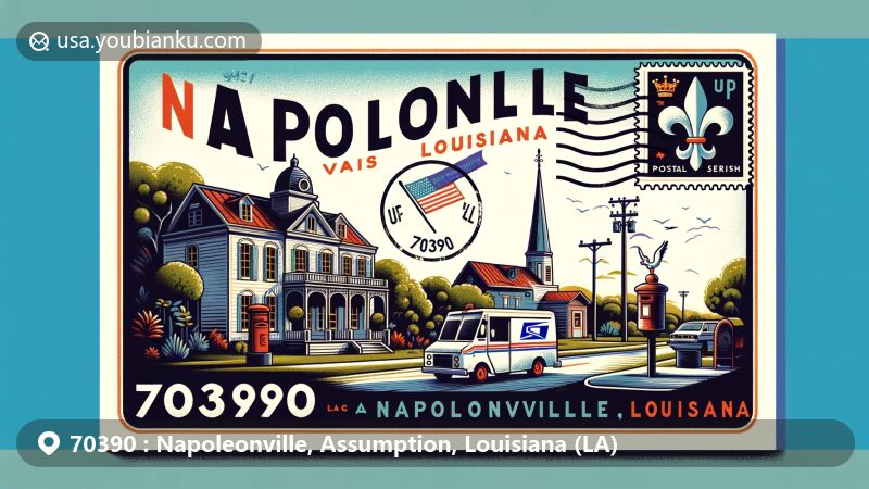 Modern illustration of Napoleonville, Louisiana, showcasing postal theme with ZIP code 70390, featuring small-town allure and Assumption Parish heritage.