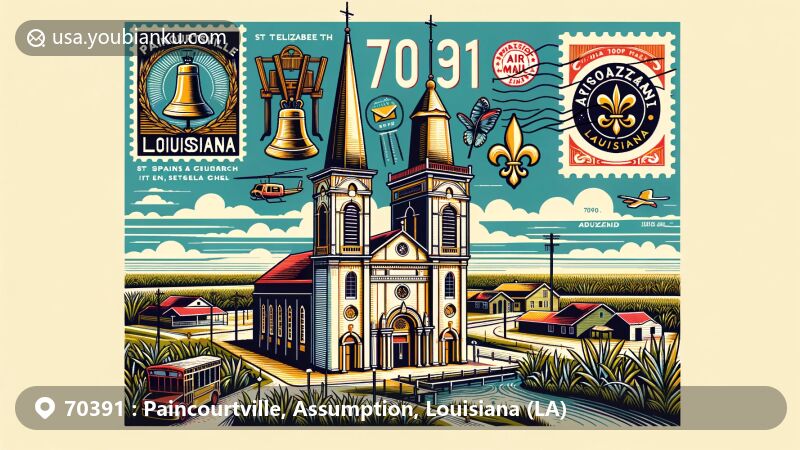 Modern illustration of Paincourtville, Assumption Parish, Louisiana, featuring St. Elizabeth Catholic Church with a large bell, Acadian flag, vintage postal elements, and Louisiana's landscape.