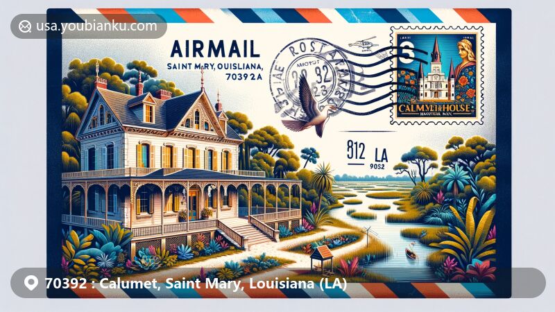 Creative depiction of Calumet, Saint Mary, Louisiana, with Grevemberg House Museum in airmail envelope, showcasing Louisiana landscape and bayou elements.