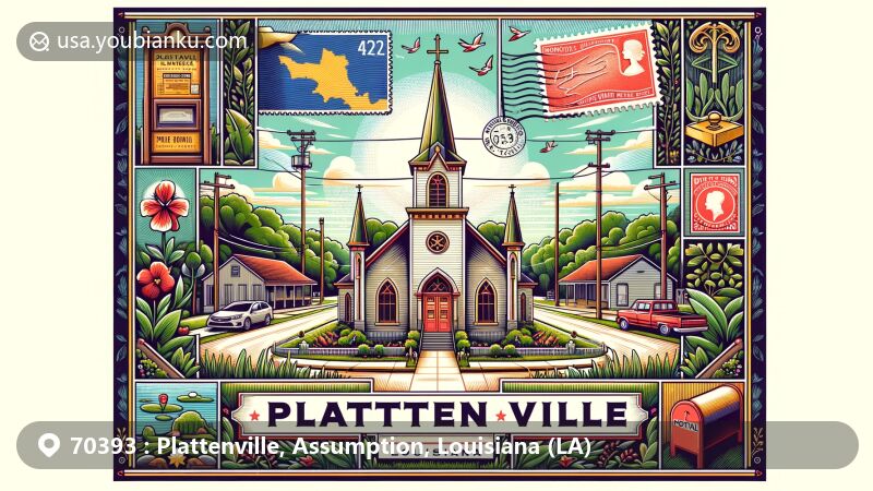 Modern illustration of Plattenville, Assumption Parish, Louisiana, featuring Assumption of the Blessed Virgin Mary Church as the centerpiece, surrounded by lush greenery, a detailed outline of Assumption Parish, Louisiana state flag, antique postal stamp with ZIP code 70393, classic mailbox, and envelope.