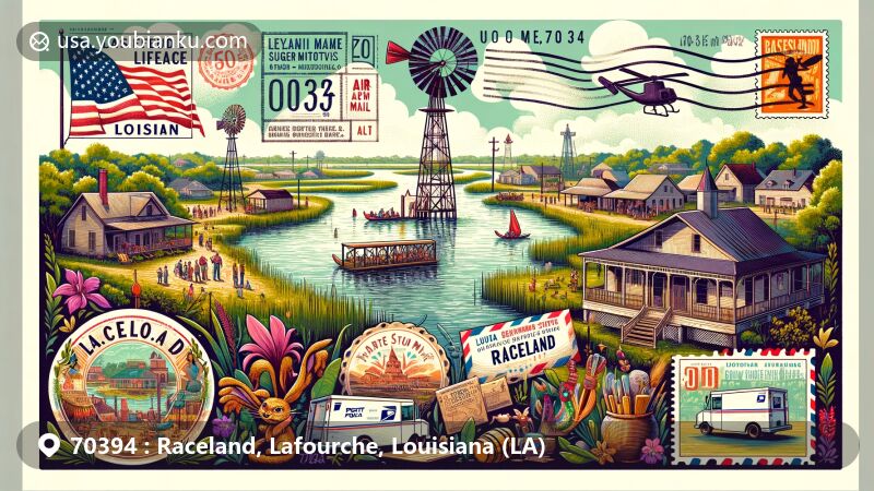 Modern illustration of Raceland, Lafourche Parish, Louisiana, showcasing postal theme with ZIP code 70394, featuring Bayou Lafourche, oldest complete sugar mill in the US, La Fete Des Vieux Temps, Louisiana Swamp Stomp, vintage postcard layout, postal stamps, air mail envelope border, and subtle postal truck or mailbox under clear sunny day setting.