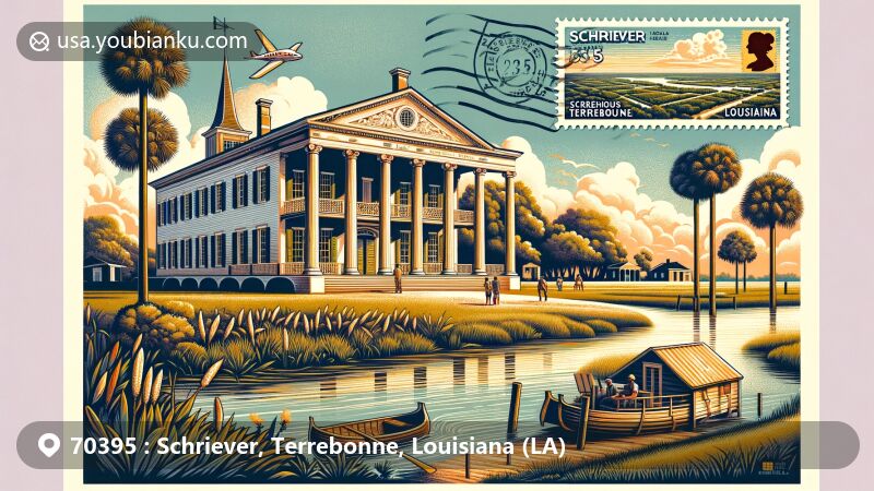 Modern illustration of St. George Plantation House in Schriever, Louisiana, showcasing Greek Revival architectural style with a grand colonnade and rural landscape elements.
