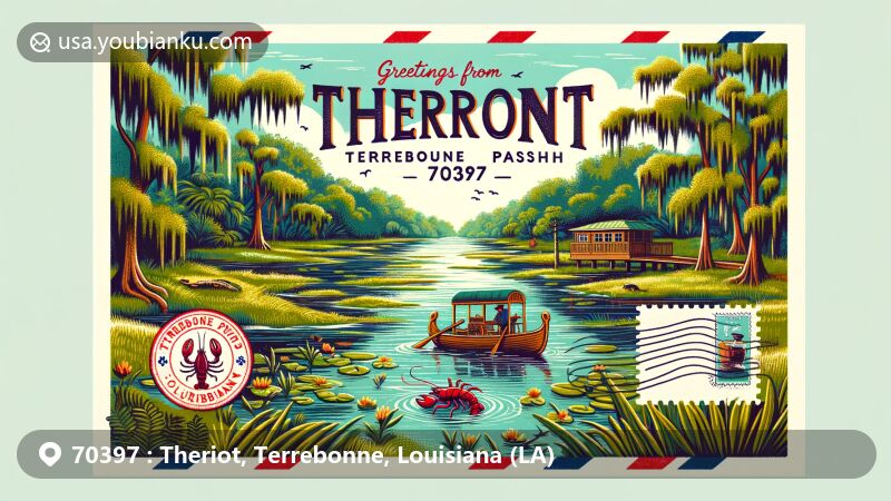 Modern illustration of Theriot, Terrebonne Parish, Louisiana, representing vibrant postcard style with Cajun cultural elements, lush swamps and wetlands, featuring wildlife like crawfish or alligators. Capturing the tranquil yet lively essence of Theriot life, paying homage to its Cajun heritage.