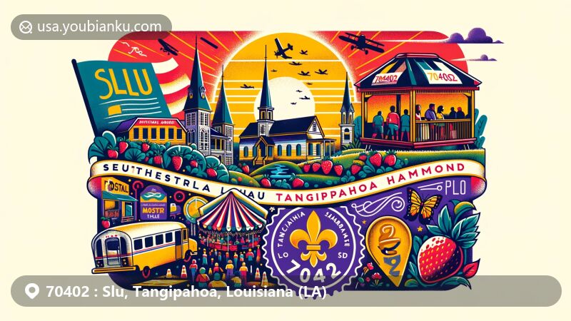 Modern illustration of Slu, Tangipahoa, and Hammond in the 70402 ZIP code area, Louisiana, featuring Southeastern Louisiana University, Ponchatoula Strawberry Festival, and Tangipahoa African American Heritage Museum.