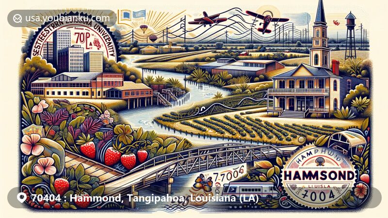 Modern illustration of Hammond, Louisiana, highlighting postal theme with ZIP code 70404, featuring Southeastern Louisiana University, Ponchatoula Creek, strawberries, Spanish moss, and vintage postage elements.