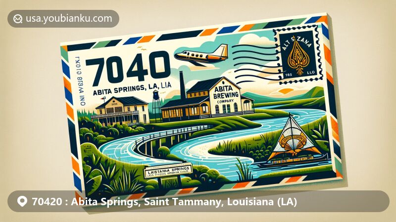 Modern illustration of Abita Springs, Louisiana, in Saint Tammany County, showcasing iconic postal theme with ZIP code 70420, featuring Abita Brewing Company and Choctaw Indian village elements.