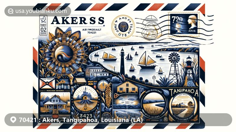 Modern illustration of Akers, Tangipahoa Parish, Louisiana, featuring a creative air mail envelope with local landmarks like Manchac Wildlife Management Area and symbols of Native American heritage. Postal elements like stamps and 'Akers, LA 70421' mark integrated with local flora and wildlife.