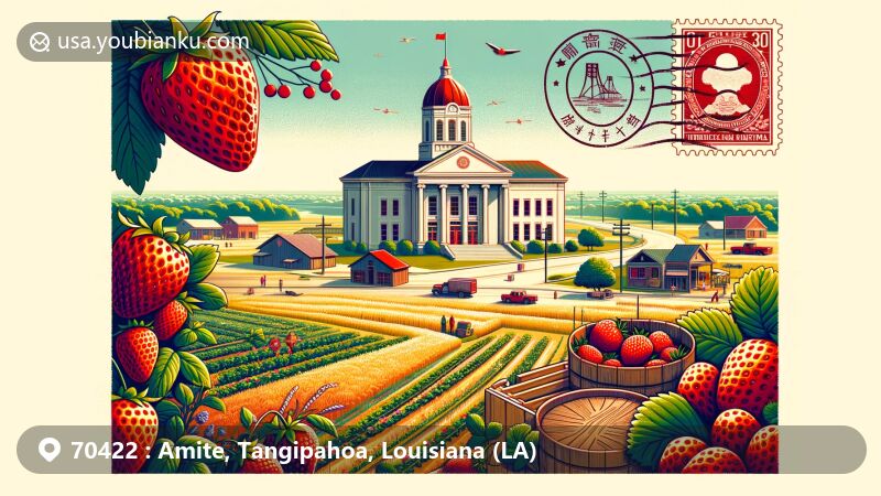 Vibrant illustration of Amite, Tangipahoa, Louisiana, showcasing Tangipahoa Parish Fair with educational, agricultural activities, petting zoo, and traditional demonstrations, against backdrop of iconic landmarks like Cajun Country Corn's corn maze and Bienvenue Mon Ami Bed & Breakfast, under warm sunset sky.