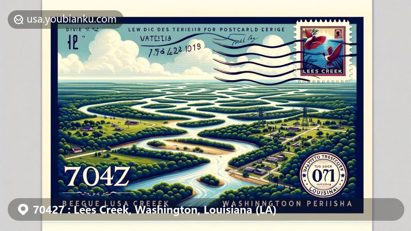 Modern illustration of Lees Creek, Washington Parish, Louisiana, capturing natural and cultural elements with Bogue Lusa Creek, Pushepatapa Creek, and postal stamp corner for ZIP code 70427.