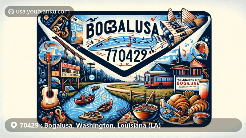 Modern illustration of Bogalusa, Washington Parish, Louisiana, with airmail envelope background symbolizing mail and communication, featuring Bogue Chitto State Park, Bogalusa Blues & Heritage Festival, local cuisine, and warm community atmosphere.