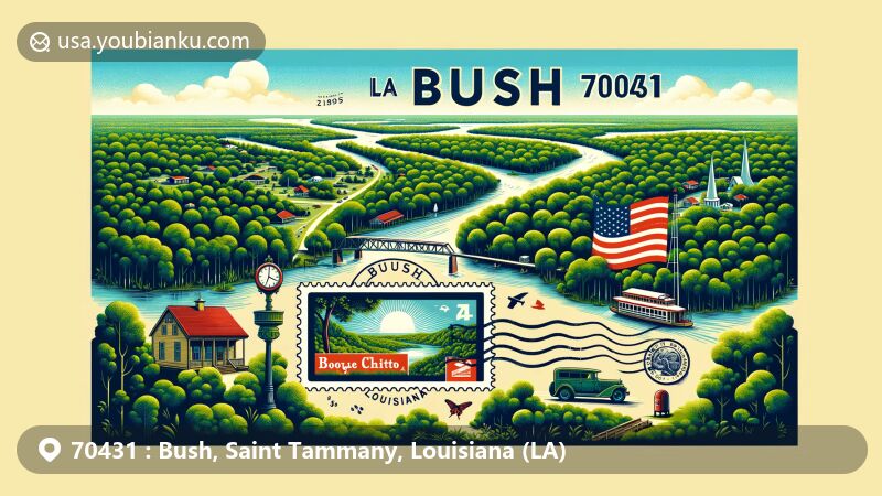 Modern illustration of Bush, Saint Tammany Parish, Louisiana, showcasing postal theme with ZIP code 70431, featuring Bogue Chitto River, lush forests, vintage postcard layout, Louisiana state flag stamp, 'Bush, LA 70431' postmark, and antique postal elements.