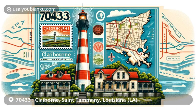 Modern illustration of ZIP code 70433 in Claiborne, Saint Tammany, Louisiana, featuring Tchefuncte River Lighthouse and Division of Saint John Historic District, capturing area's history and natural beauty with vintage postal elements.