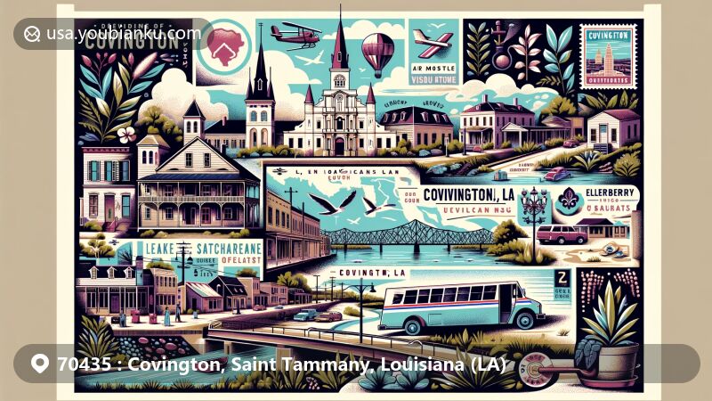 Modern illustration of Covington, Saint Tammany Parish, Louisiana, showcasing postal theme with ZIP code 70435, blending French-Catholic and Anglo-Protestant cultures, featuring historic downtown with unique ox lots layout, Division of St. John, Bogue Falaya River, and local flora.