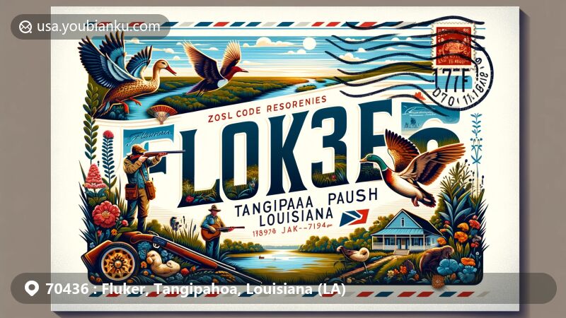 Modern illustration of Fluker, Tangipahoa Parish, Louisiana, highlighting the ZIP code 70436, blending geographical and historical elements like Louisiana's Florida Parishes, Southern hunting culture, Battle of New Orleans, and Kent family history.