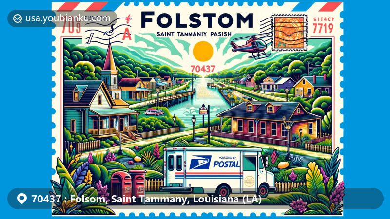 Modern illustration of Folsom, Saint Tammany Parish, Louisiana, depicting the charm of the area with a blend of local landmarks and cultural/natural features, alongside postal elements like stamps, a postal truck, and a mailbox.