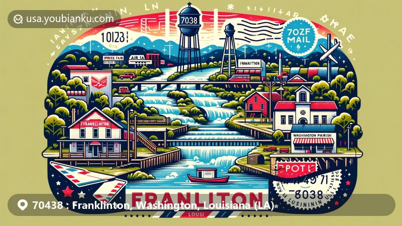 Modern illustration of Franklinton, Louisiana, showcasing postal theme with ZIP code 70438, featuring Bogue Chitto River, Washington Parish Free Fair, town landmarks, and air mail envelope.