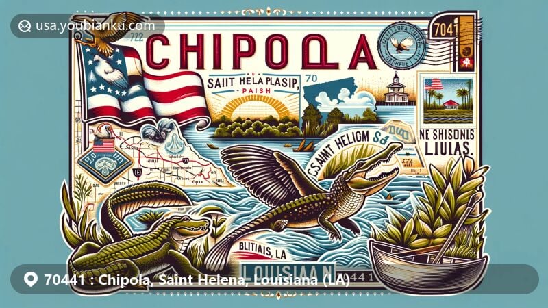 Modern illustration of Chipola, Saint Helena Parish, Louisiana, embracing cultural and geographical diversity with state flag, parish outline, and iconic wildlife like the American alligator.