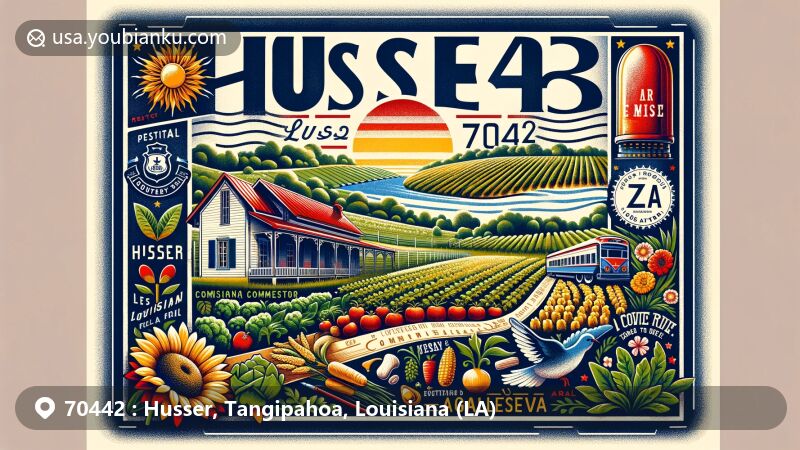 Creative illustration of Husser, Louisiana, in Tangipahoa County, showcasing rural and agricultural beauty with Covey Rise Farm, Louisiana state flag, and vintage postcard layout featuring 'Husser, LA 70442.' Postal elements like stamp, postal marks, and air mail envelope are included.