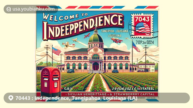 Modern illustration of Independence, Tangipahoa, Louisiana, inspired by vintage postcards, highlighting the Independence Italian Cultural Museum and strawberry fields as a tribute to the town's Sicilian heritage and strawberry shipping industry.