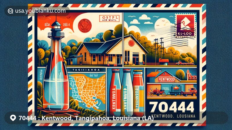 Modern illustration of Kentwood, Tangipahoa Parish, Louisiana, highlighting ZIP code 70444, featuring rural charm, local history, and key landmarks like Kentwood Springs Water bottles.