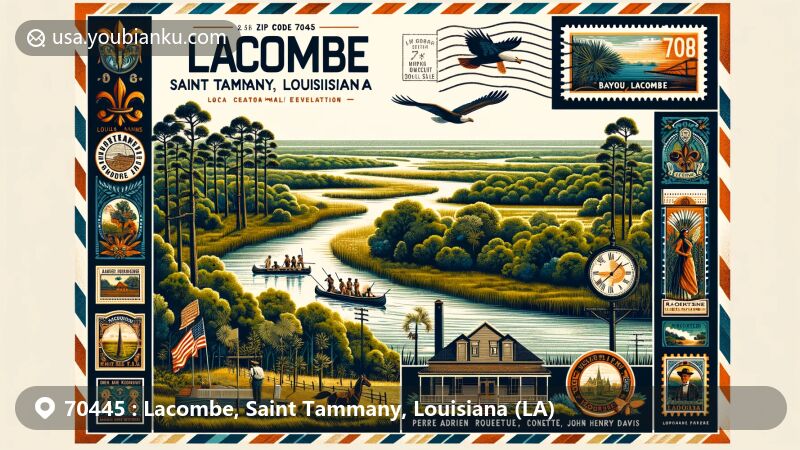 Modern illustration of Lacombe, Saint Tammany, Louisiana, highlighting ZIP code 70445, featuring lush landscapes with pines, oaks, and bayous, showcasing Acolapissa and Choctaw heritage, including symbols of Pere Adrien Rouquette and Bayou Lacombe Museum.