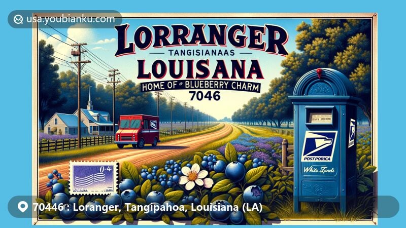 Modern illustration of Loranger, Tangipahoa Parish, Louisiana, with ZIP code 70446, highlighting rural charm and natural beauty, featuring White Oak Fields blueberry farms and scenic environment.