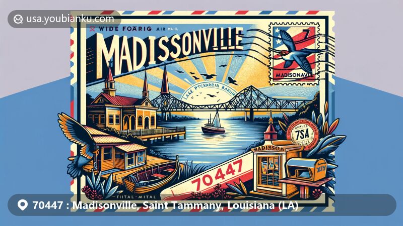 Modern illustration of Madisonville, Louisiana, capturing local landmarks and charm, including Tchefuncte River, Lake Pontchartrain Basin Maritime Museum, and state symbols.